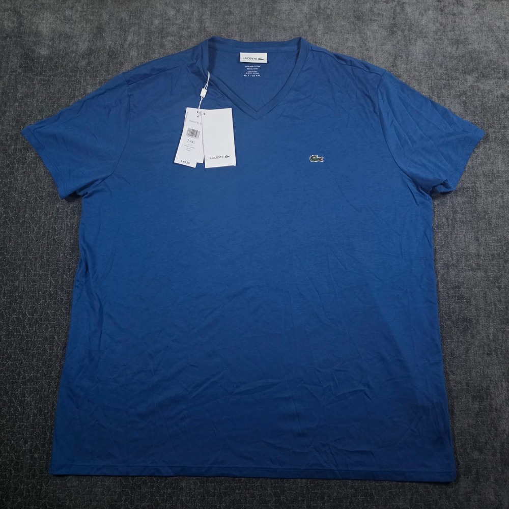 NWT Lacoste Mens Pima Cotton V-Neck T-Shirt Blue Regular Fit TH6710 XXL 2XL